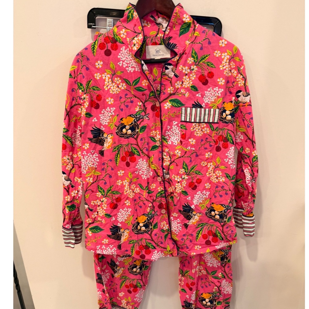Printfresh Nesting Birds Organic Cotton Pajama Set Pink Small Long Sleeve PJs